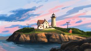 Preview wallpaper lighthouse, house, rocks, art