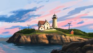 Preview wallpaper lighthouse, house, rocks, art