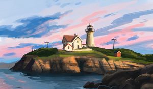 Preview wallpaper lighthouse, house, rocks, art