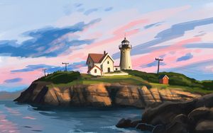 Preview wallpaper lighthouse, house, rocks, art