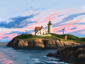 Preview wallpaper lighthouse, house, rocks, art