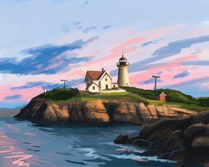 Preview wallpaper lighthouse, house, rocks, art