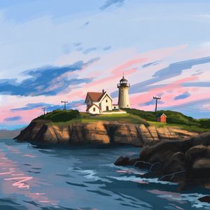 Preview wallpaper lighthouse, house, rocks, art