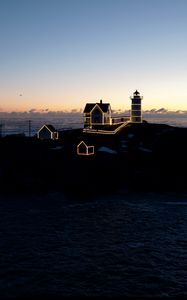 Preview wallpaper lighthouse, houses, neon, island, sea, twilight