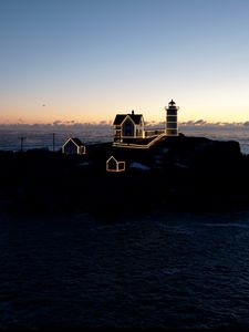 Preview wallpaper lighthouse, houses, neon, island, sea, twilight