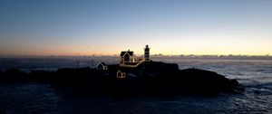 Preview wallpaper lighthouse, houses, neon, island, sea, twilight