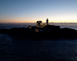 Preview wallpaper lighthouse, houses, neon, island, sea, twilight