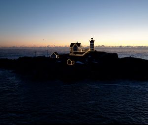 Preview wallpaper lighthouse, houses, neon, island, sea, twilight