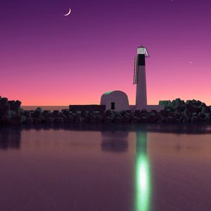 Preview wallpaper lighthouse, island, coast, sea, moon, night