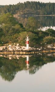 Preview wallpaper lighthouse, island, trees, reflection, lake