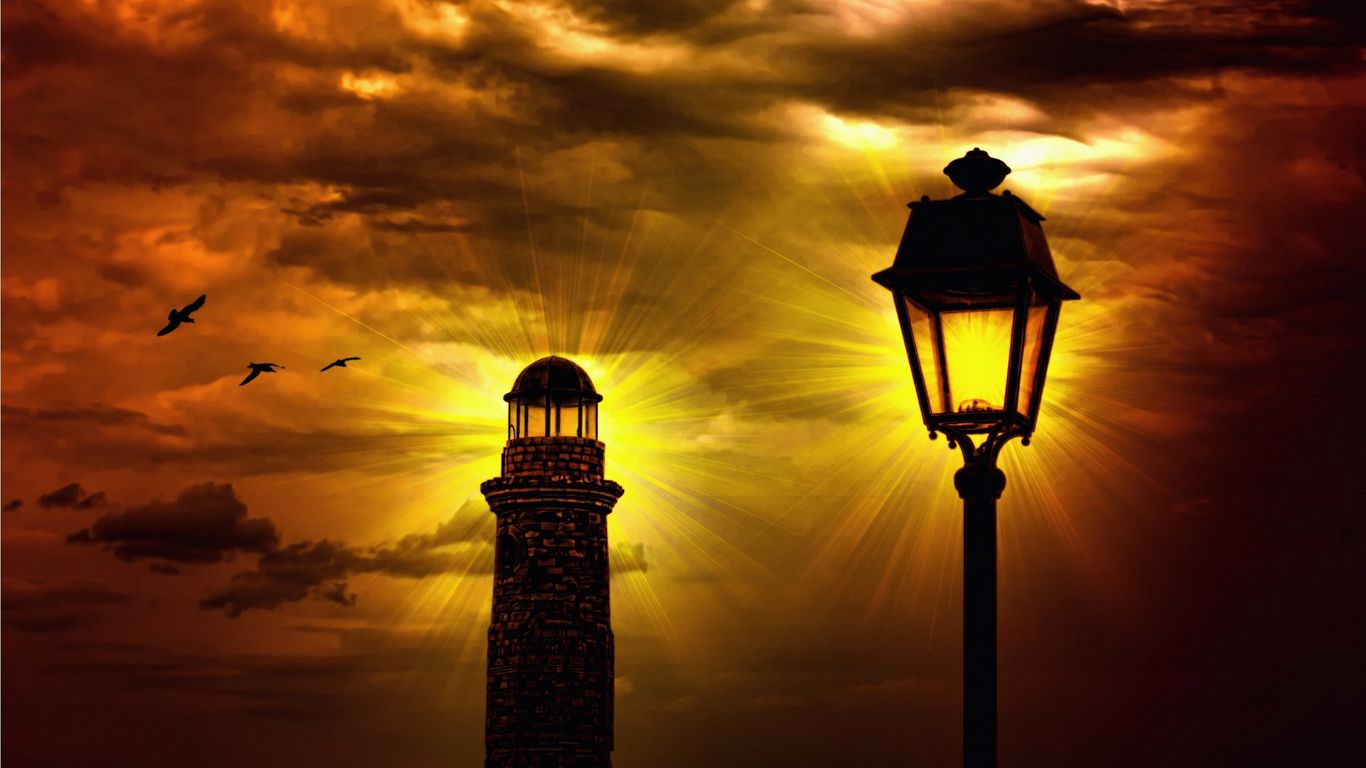 Download wallpaper 1366x768 lighthouse, lantern, sky, storm, night