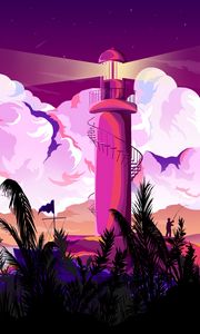 Preview wallpaper lighthouse, light, clouds, art, purple