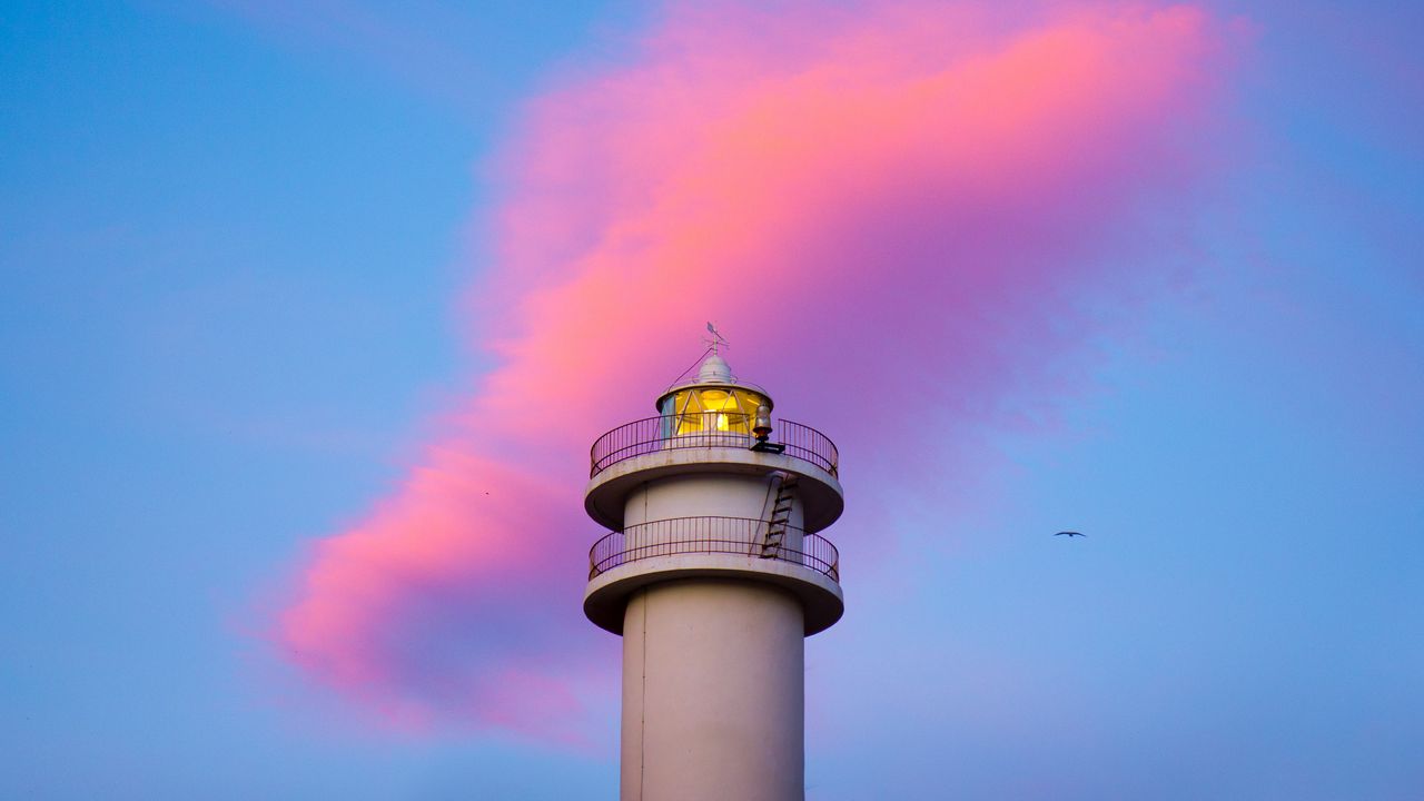 Wallpaper lighthouse, light, clouds, sky, minimalism