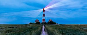 Preview wallpaper lighthouse, light, houses, road, field, grass