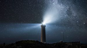 Preview wallpaper lighthouse, light, night, starry sky