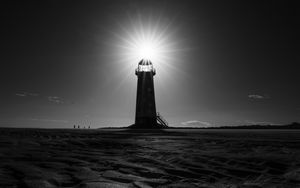 Preview wallpaper lighthouse, light, shell, sand, black and white, dark