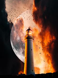 Preview wallpaper lighthouse, moon, flame, smoke, birds, night