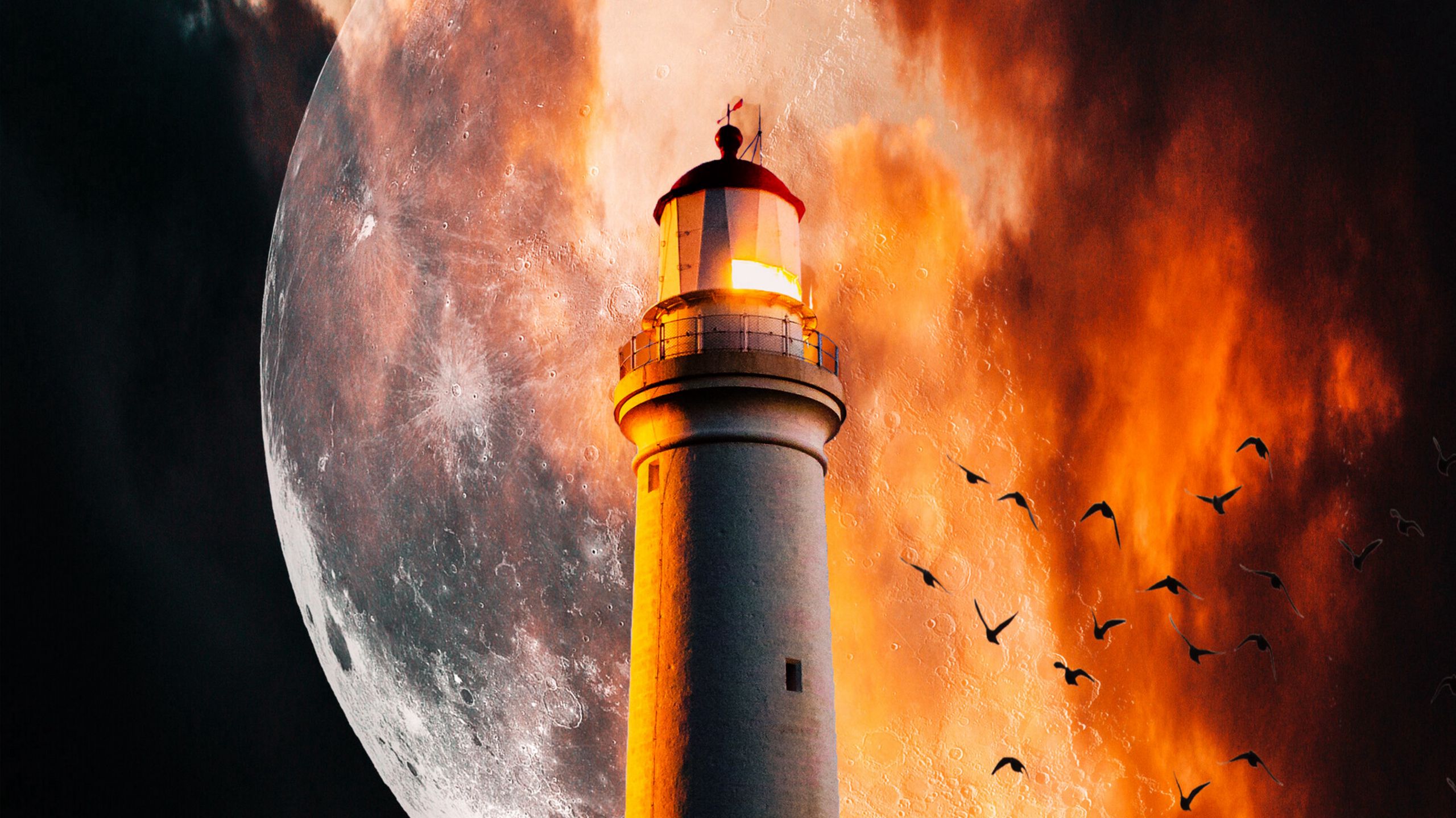 Download wallpaper 2560x1440 lighthouse, moon, flame, smoke, birds