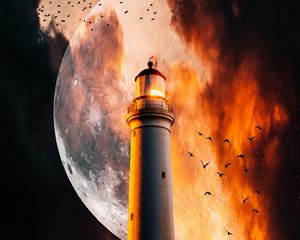 Preview wallpaper lighthouse, moon, flame, smoke, birds, night