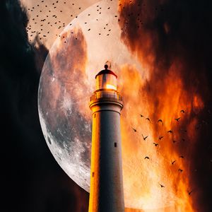 Preview wallpaper lighthouse, moon, flame, smoke, birds, night