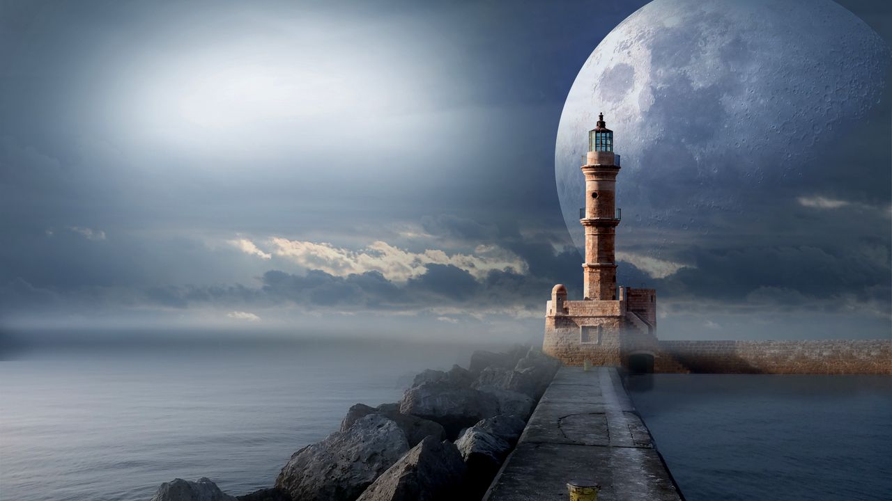 Wallpaper lighthouse, moon, pier, sea