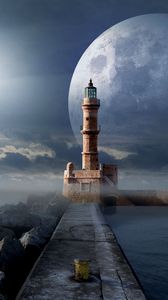 Preview wallpaper lighthouse, moon, pier, sea
