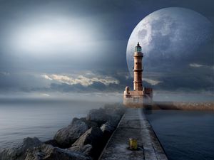 Preview wallpaper lighthouse, moon, pier, sea