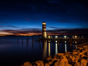 Preview wallpaper lighthouse, night, coast, reflection