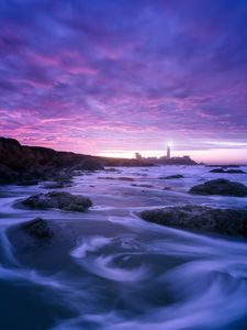 Preview wallpaper lighthouse, ocean, night, pescadero, united states