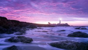 Preview wallpaper lighthouse, ocean, night, pescadero, united states