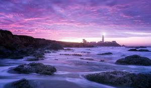 Preview wallpaper lighthouse, ocean, night, pescadero, united states