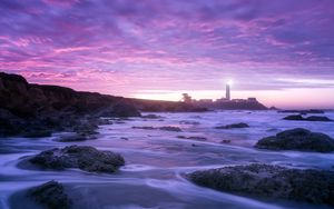 Preview wallpaper lighthouse, ocean, night, pescadero, united states