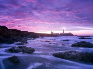 Preview wallpaper lighthouse, ocean, night, pescadero, united states