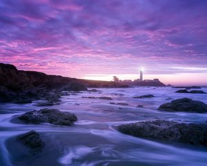 Preview wallpaper lighthouse, ocean, night, pescadero, united states