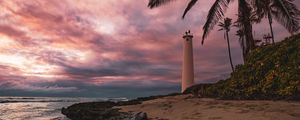 Preview wallpaper lighthouse, palm tree, beach, sea, shore