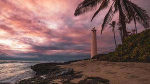 Preview wallpaper lighthouse, palm tree, beach, sea, shore