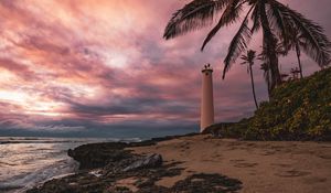 Preview wallpaper lighthouse, palm tree, beach, sea, shore