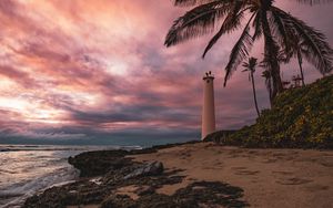 Preview wallpaper lighthouse, palm tree, beach, sea, shore