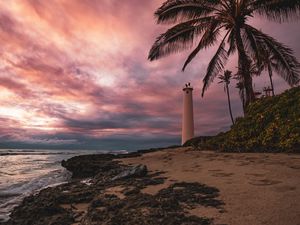 Preview wallpaper lighthouse, palm tree, beach, sea, shore