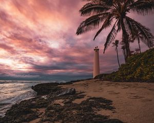 Preview wallpaper lighthouse, palm tree, beach, sea, shore