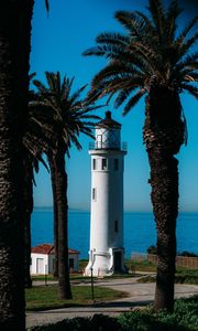 Preview wallpaper lighthouse, palm trees, sea, building, architecture, coast