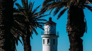 Preview wallpaper lighthouse, palm trees, sea, building, architecture, coast