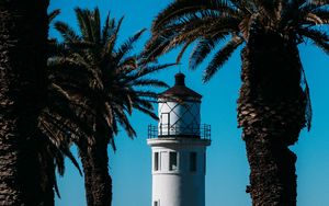 Preview wallpaper lighthouse, palm trees, sea, building, architecture, coast