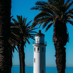 Preview wallpaper lighthouse, palm trees, sea, building, architecture, coast