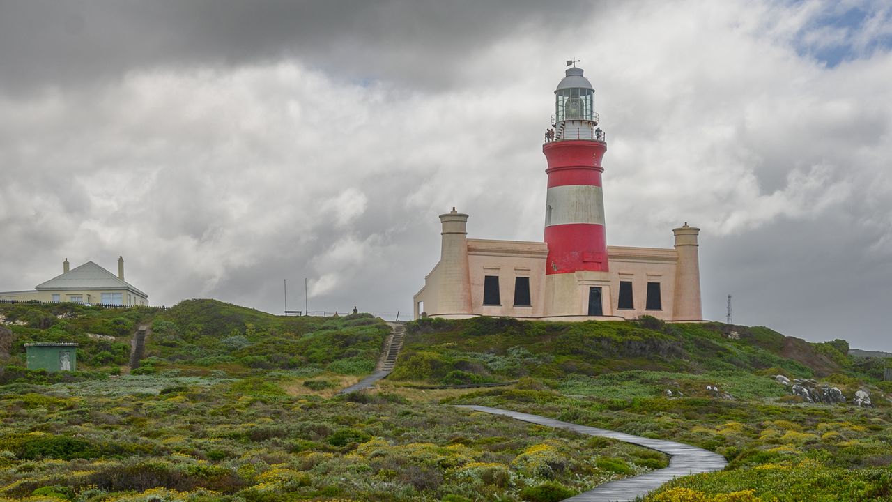 Wallpaper lighthouse, path, greenery, clouds