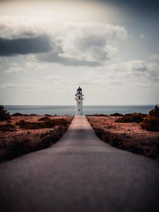 Preview wallpaper lighthouse, path, shore, sea, building
