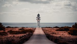 Preview wallpaper lighthouse, path, shore, sea, building
