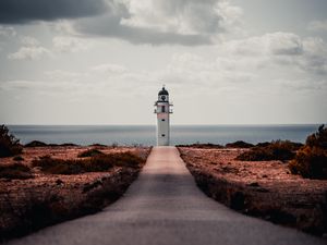 Preview wallpaper lighthouse, path, shore, sea, building
