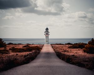 Preview wallpaper lighthouse, path, shore, sea, building