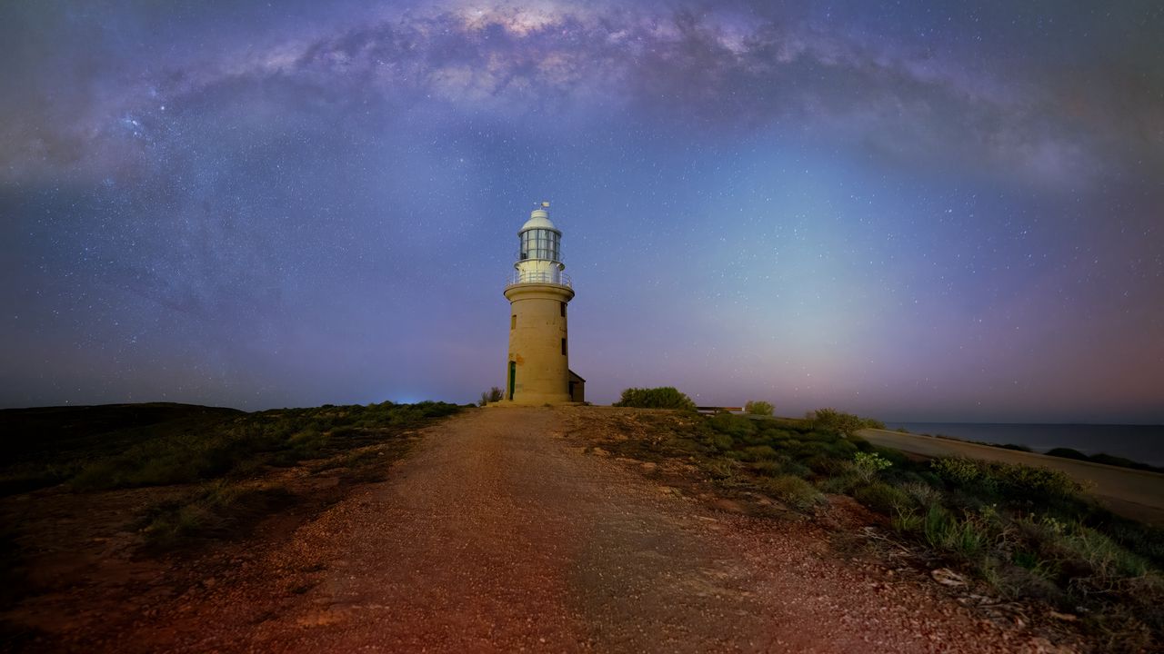 Wallpaper lighthouse, path, stars, sky